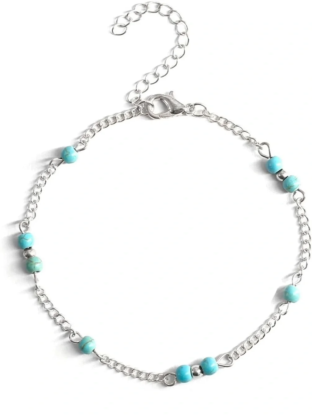 Turquoise Beaded Silver Anklet Waterproof Boho Non Tarnish Ankle Bracelet